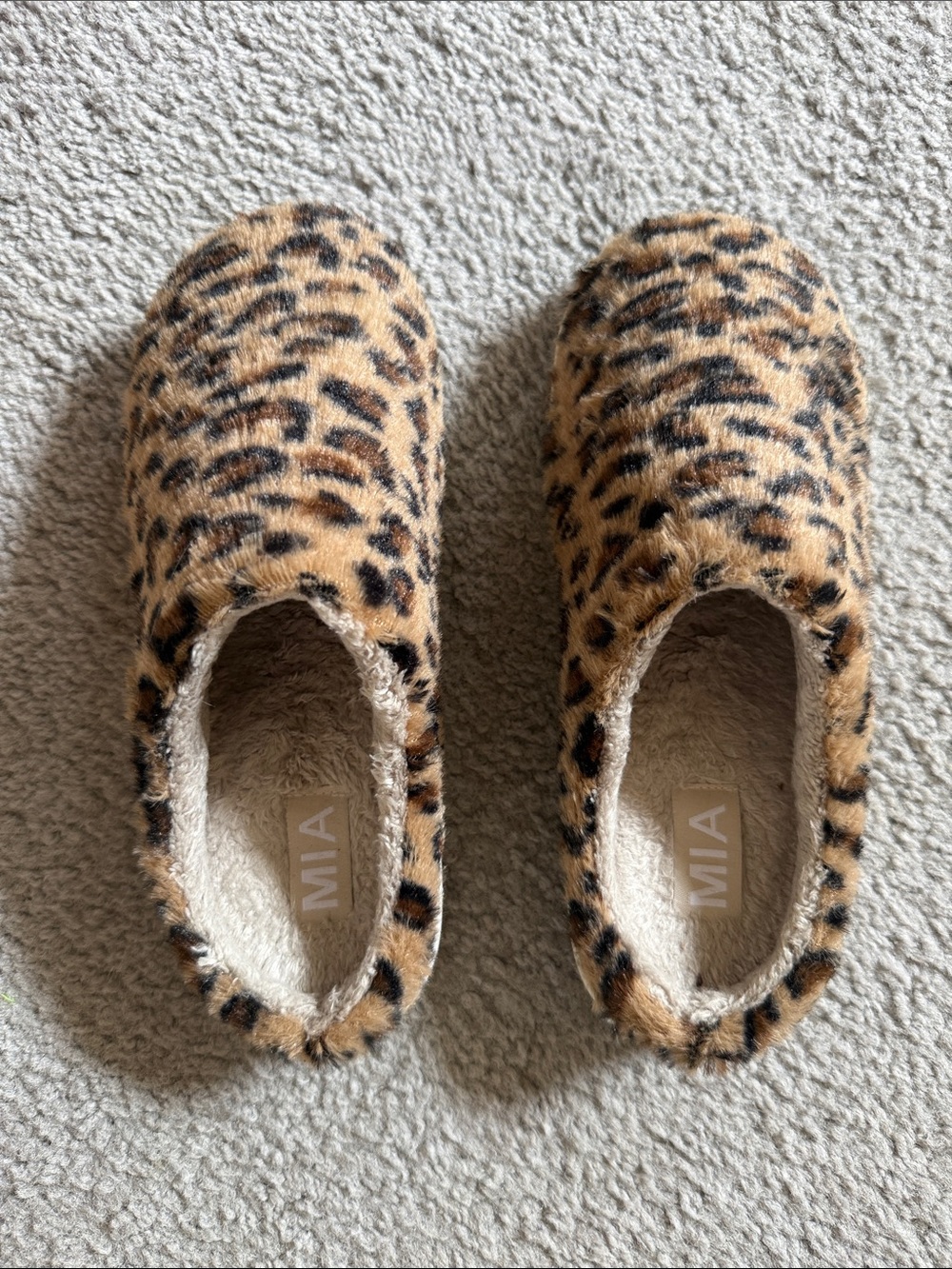 MIA Leopard Print Plush Slip-On Slippers in Tan and Black